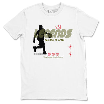 Jordan 1 Olive t shirts to match sneakers Legends Never Die sneaker match tees Air Jordan 1 Low x Travis Scott Reverse Olive tee SNRT Sneaker Tees unisex cotton White 2 shirts