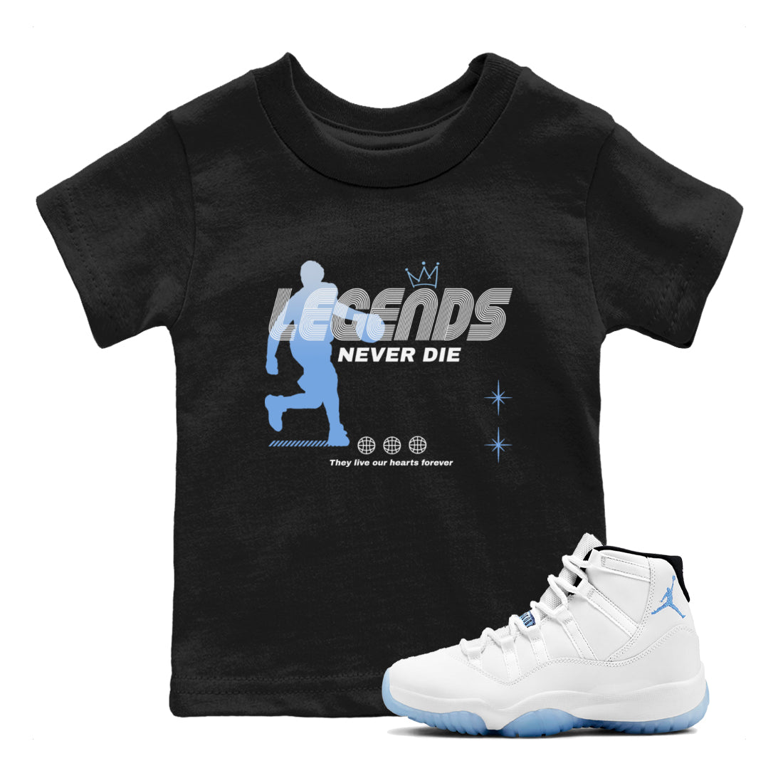 11s Legend Blue shirts to match jordans Legends Never Die sneaker match tees Air Jordan 11 Legend Blue match shoes to clothes SNRT Sneaker Tees Youth Baby Black 1 tee