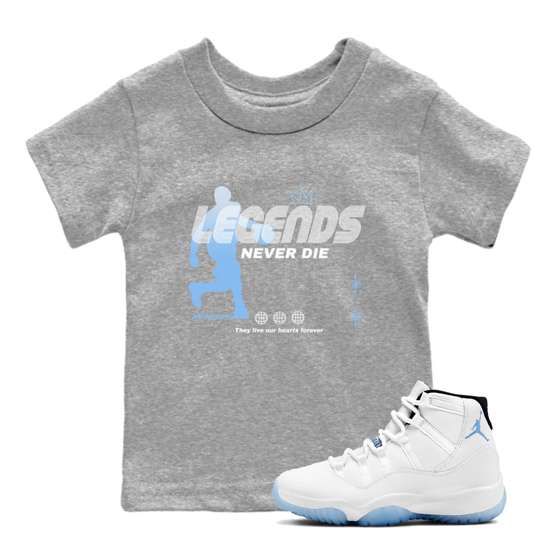 11s Legend Blue shirts to match jordans Legends Never Die sneaker match tees Air Jordan 11 Legend Blue match shoes to clothes SNRT Sneaker Tees Youth Baby Heather Grey 1 tee
