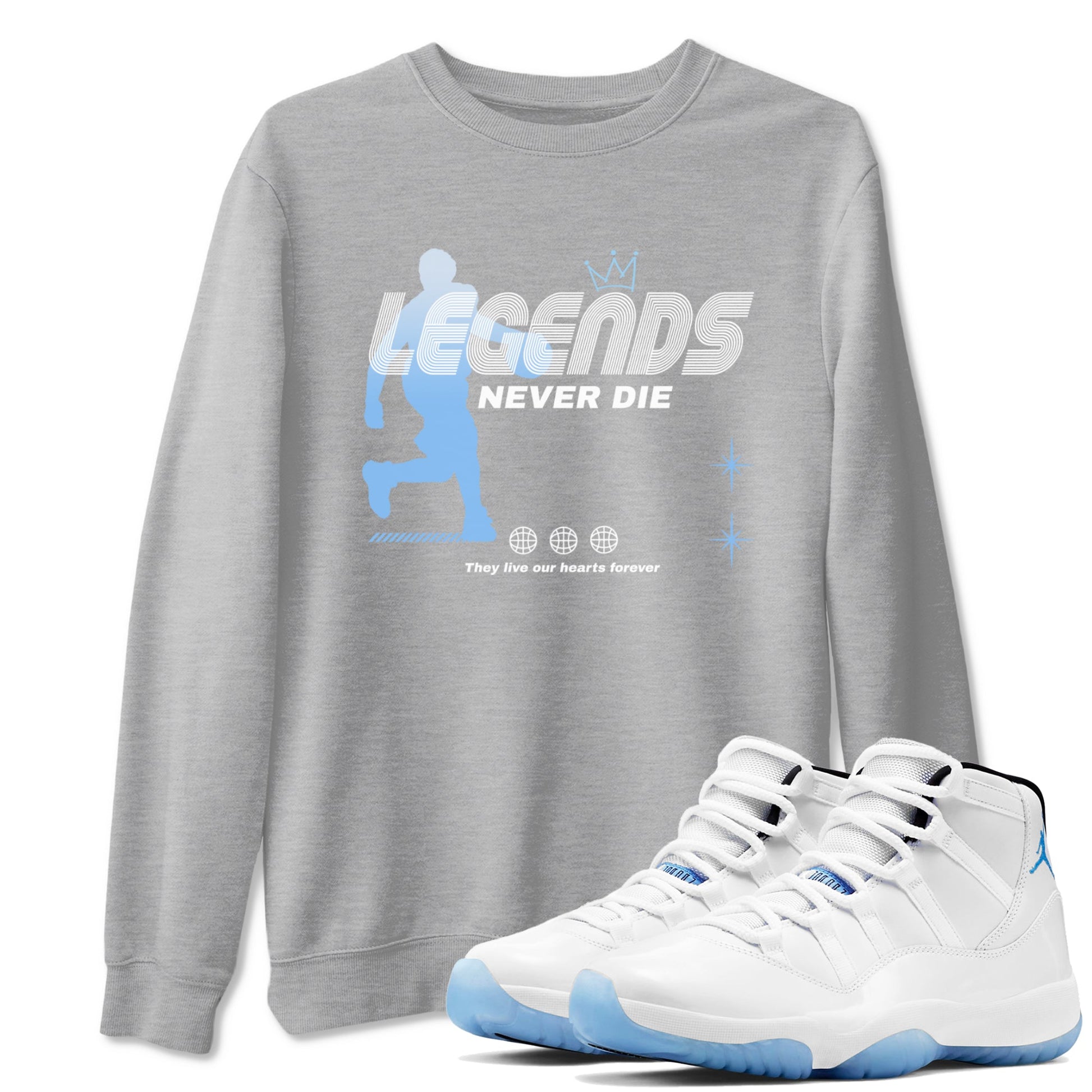 11s Legend Blue shirts to match jordans Legends Never Die sneaker match tees Air Jordan 11 Legend Blue match shoes to clothes SNRT Sneaker Tees unisex cotton Heather Grey 1 shirts