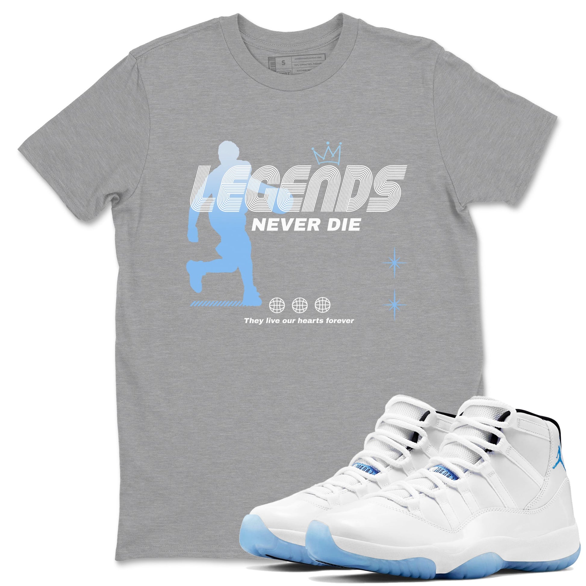 11s Legend Blue shirts to match jordans Legends Never Die sneaker match tees Air Jordan 11 Legend Blue match shoes to clothes SNRT Sneaker Tees unisex cotton Heather Grey 1 shirts