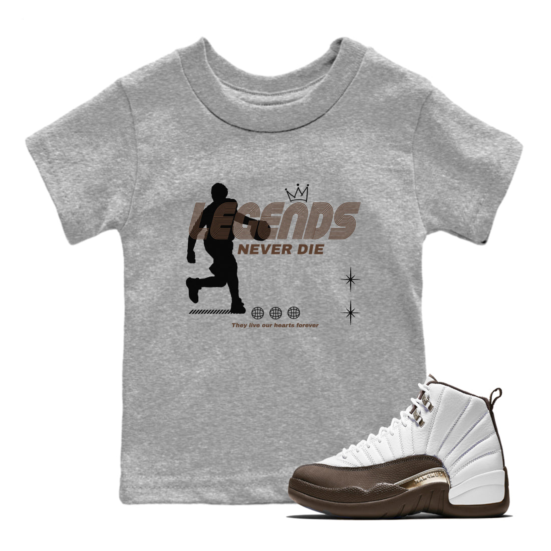 12s Baroque Brown shirts to match jordans Legends Never Die sneaker match tees Air Jordan 12 Baroque Brown match shoes to clothes SNRT Sneaker Tees Youth Baby Heather Grey 1 tee