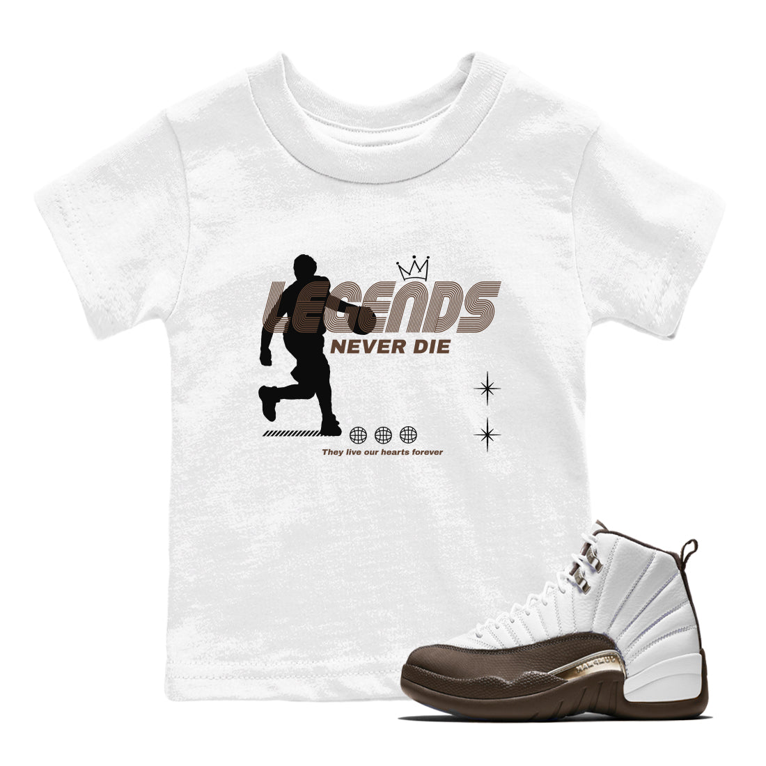 12s Baroque Brown shirts to match jordans Legends Never Die sneaker match tees Air Jordan 12 Baroque Brown match shoes to clothes SNRT Sneaker Tees Youth Baby White 1 tee