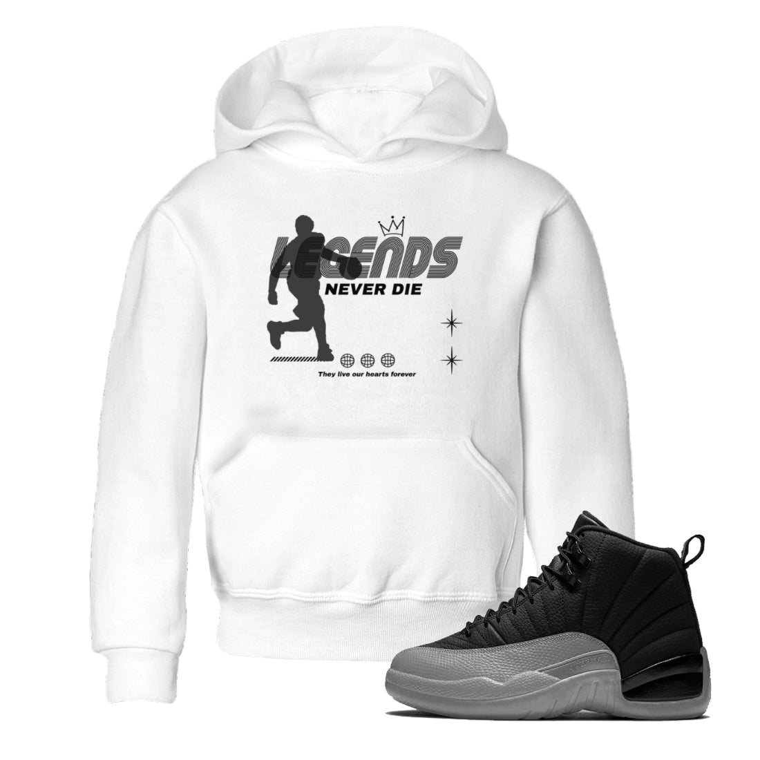 12s Black Wolf Grey shirts to match jordans Legends Never Die sneaker match tees Air Jordan 12 Black Wolf Grey match shoes to clothes SNRT Sneaker Tees Youth Baby White 1 tee