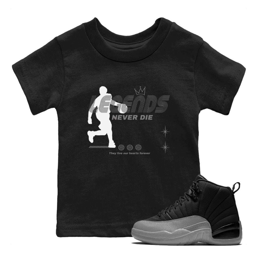 12s Black Wolf Grey shirts to match jordans Legends Never Die sneaker match tees Air Jordan 12 Black Wolf Grey match shoes to clothes SNRT Sneaker Tees Youth Baby Black 1 tee