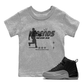 12s Black Wolf Grey shirts to match jordans Legends Never Die sneaker match tees Air Jordan 12 Black Wolf Grey match shoes to clothes SNRT Sneaker Tees Youth Baby Heather Grey 1 tee