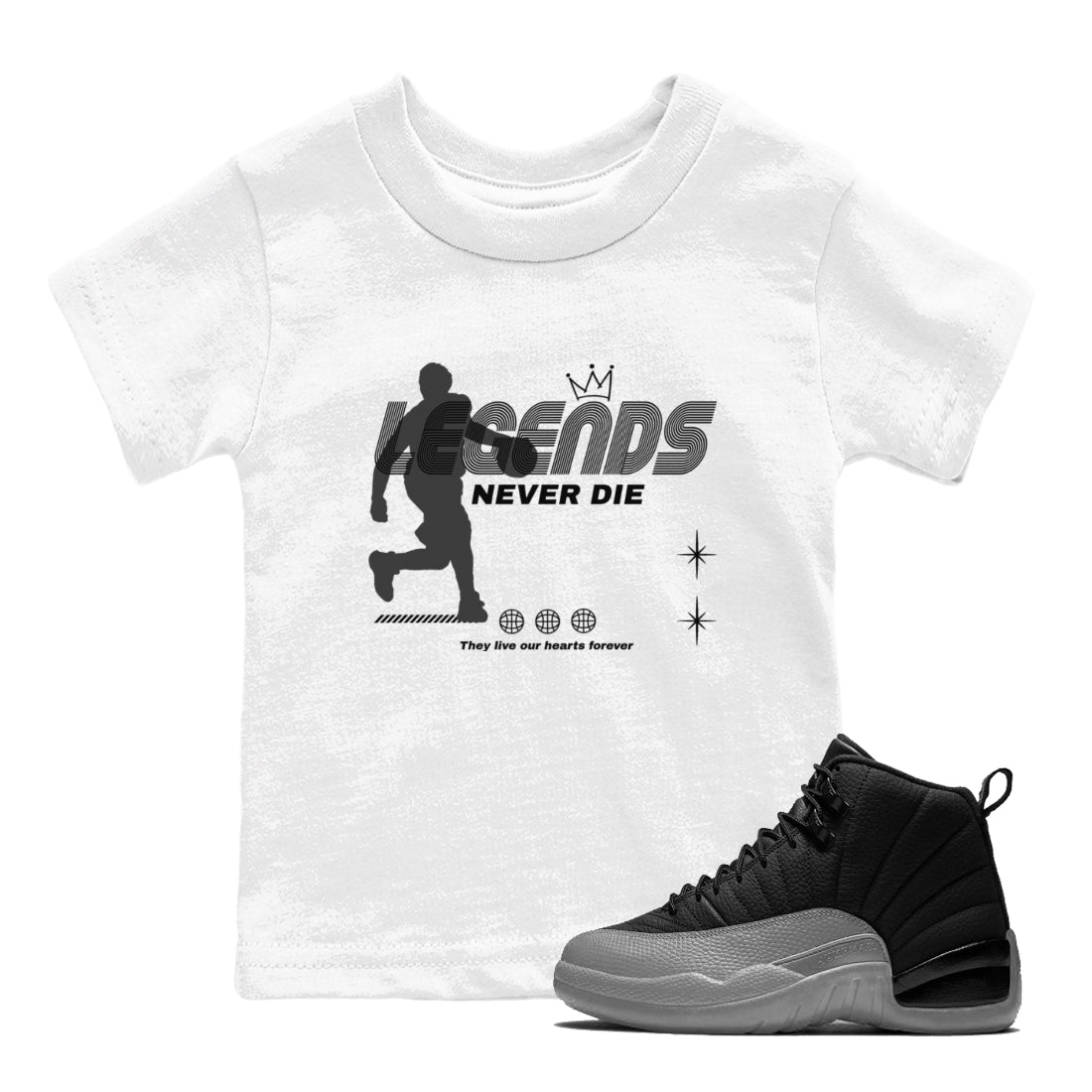 12s Black Wolf Grey shirts to match jordans Legends Never Die sneaker match tees Air Jordan 12 Black Wolf Grey match shoes to clothes SNRT Sneaker Tees Youth Baby White 1 tee