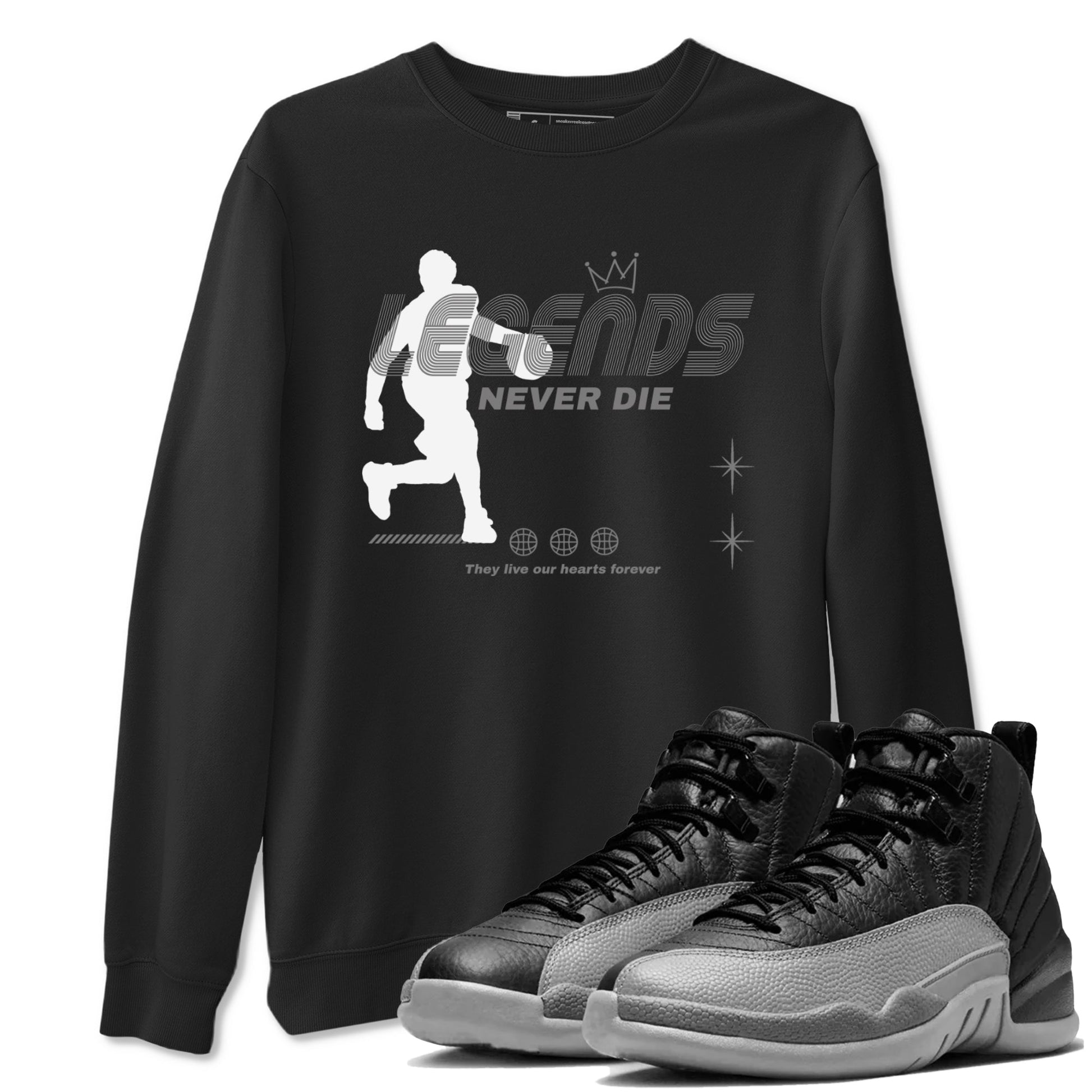 12s Black Wolf Grey shirts to match jordans Legends Never Die sneaker match tees Air Jordan 12 Black Wolf Grey match shoes to clothes SNRT Sneaker Tees unisex cotton Black 1 shirts