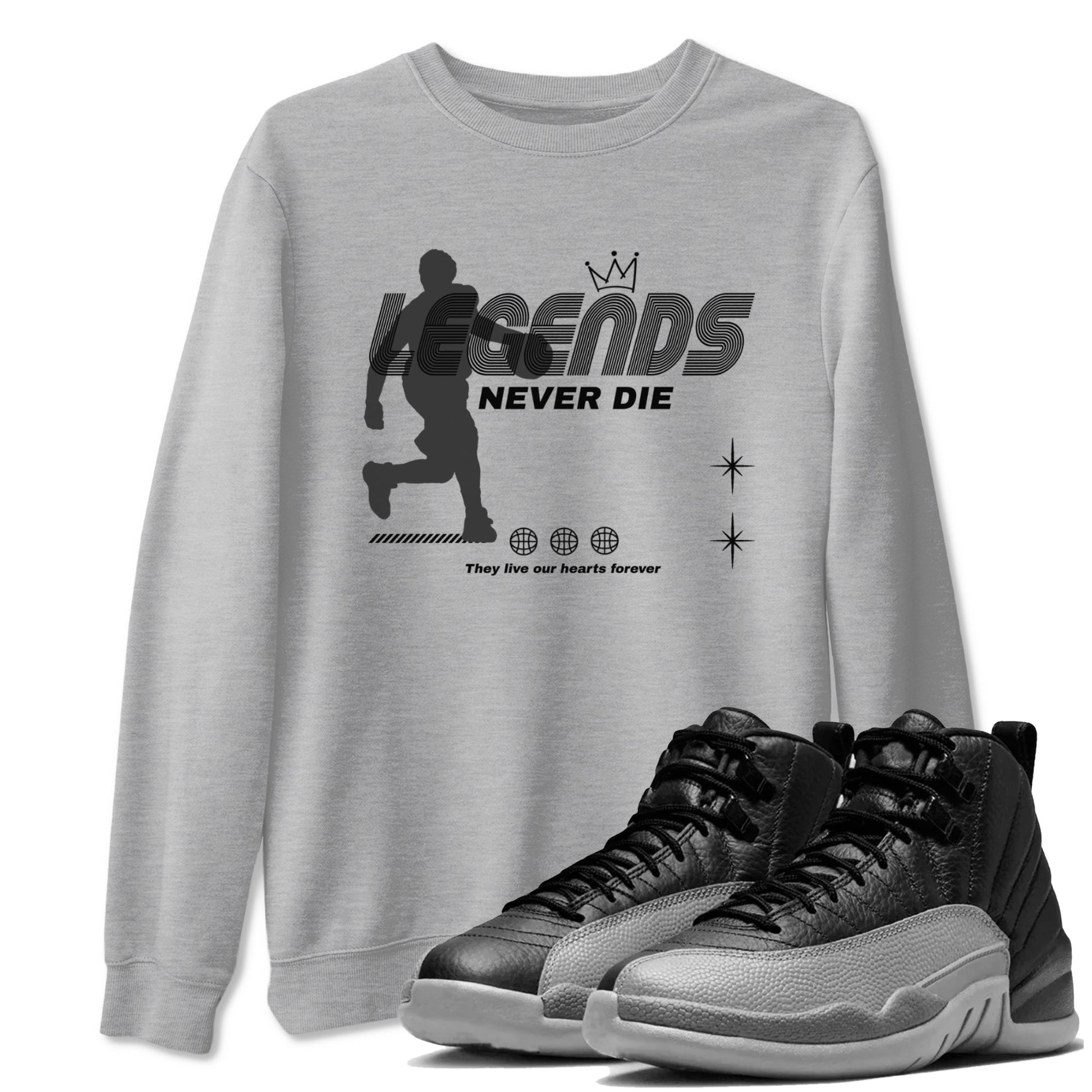 12s Black Wolf Grey shirts to match jordans Legends Never Die sneaker match tees Air Jordan 12 Black Wolf Grey match shoes to clothes SNRT Sneaker Tees unisex cotton Heather Grey 1 shirts