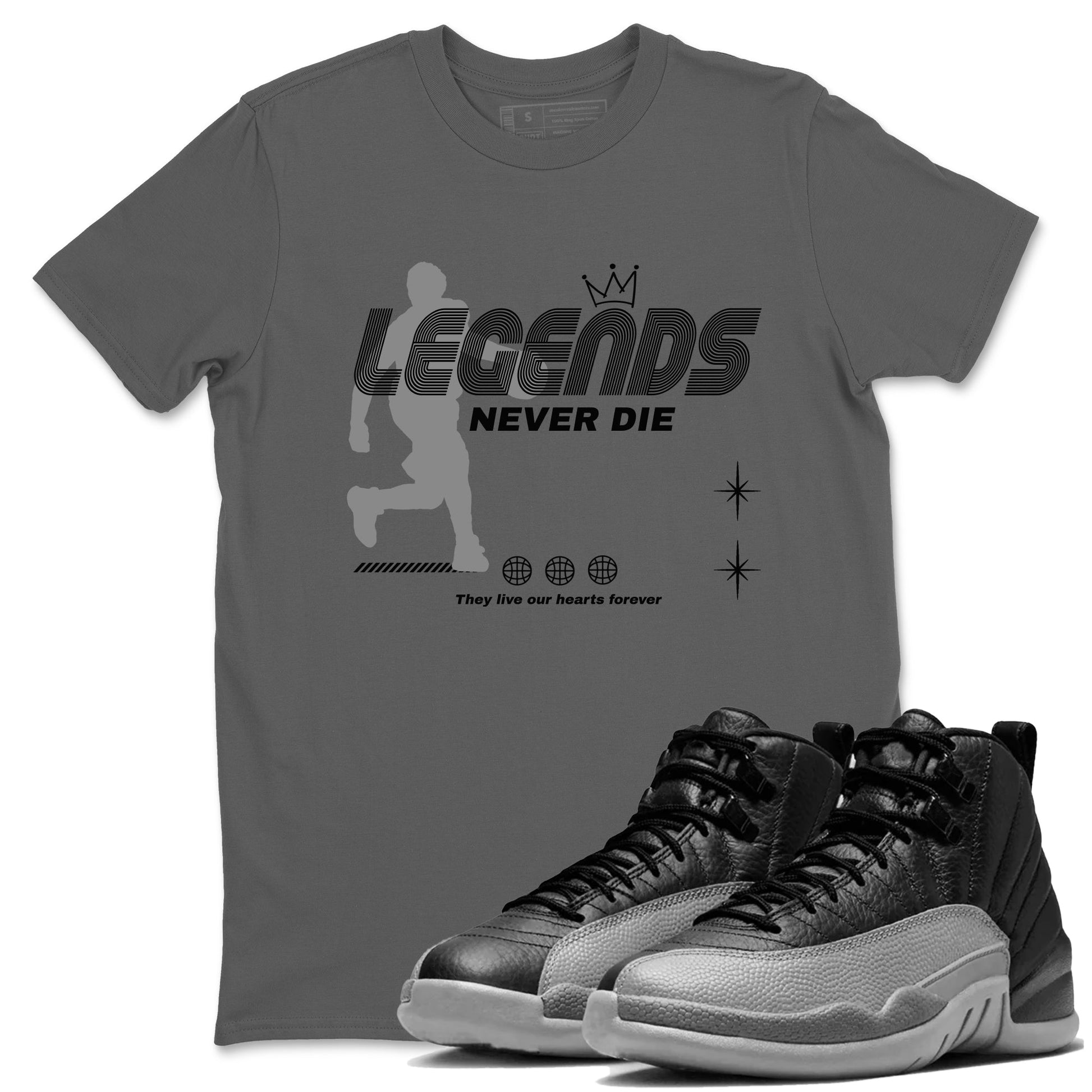 12s Black Wolf Grey shirts to match jordans Legends Never Die sneaker match tees Air Jordan 12 Black Wolf Grey match shoes to clothes SNRT Sneaker Tees unisex cotton Cool Grey 1 shirts