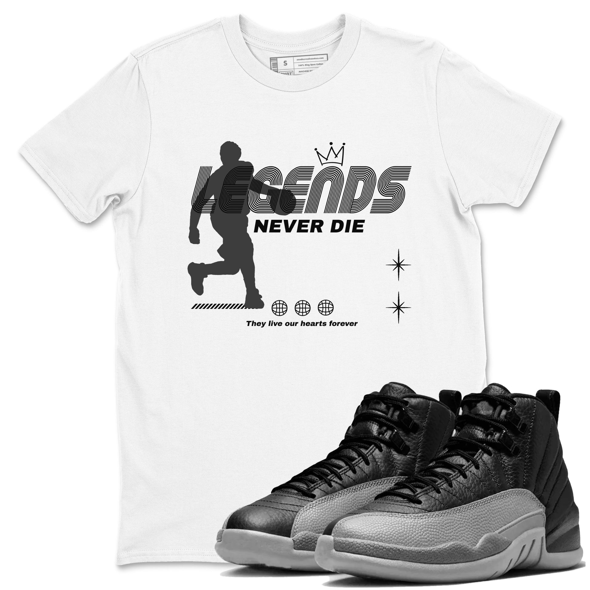 12s Black Wolf Grey shirts to match jordans Legends Never Die sneaker match tees Air Jordan 12 Black Wolf Grey match shoes to clothes SNRT Sneaker Tees unisex cotton White 1 shirts