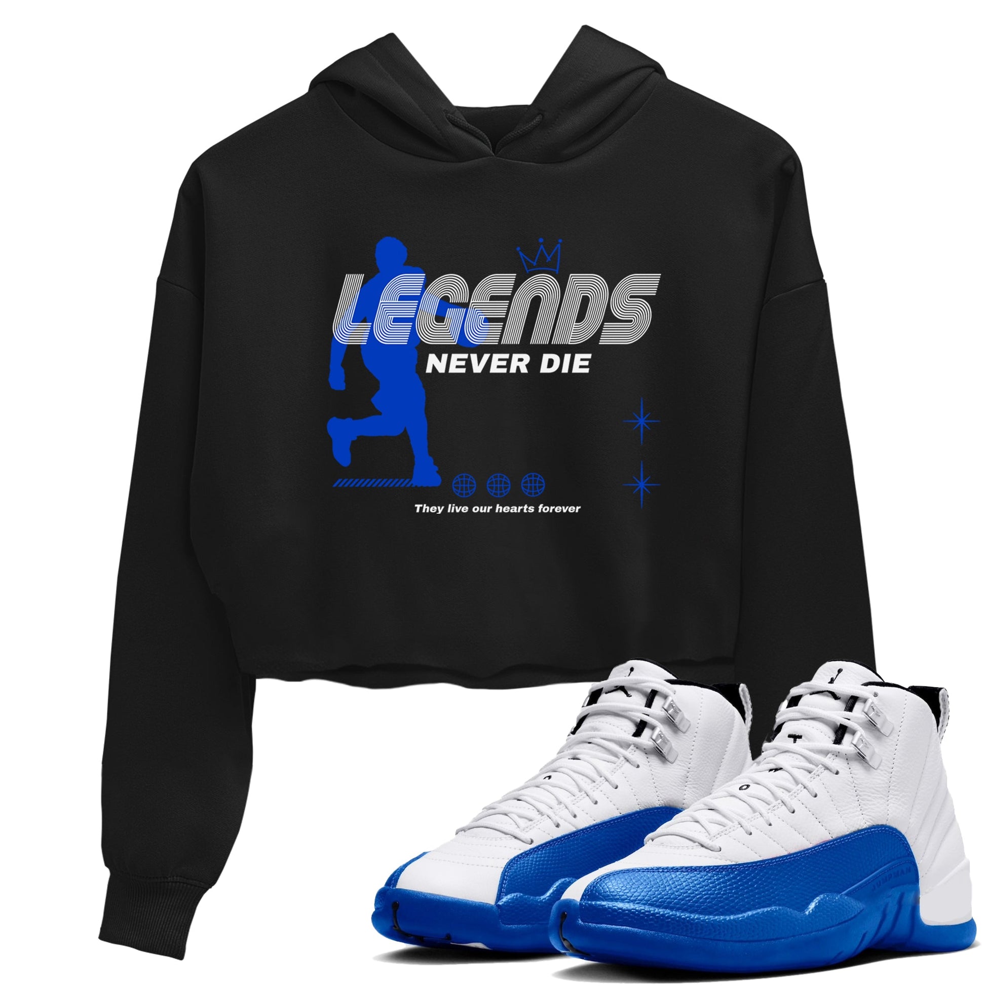 12s Blueberry shirts to match jordans Legends Never Die best t shirts to wear with jordans AJ12 White & Game Royal match shoes to clothes SNRT Sneaker Tees unisex cotton Black 1 crop tee