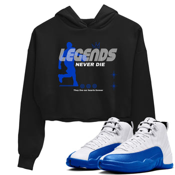 12s Blueberry shirts to match jordans Legends Never Die best t shirts to wear with jordans AJ12 White & Game Royal match shoes to clothes SNRT Sneaker Tees unisex cotton Black 1 crop tee