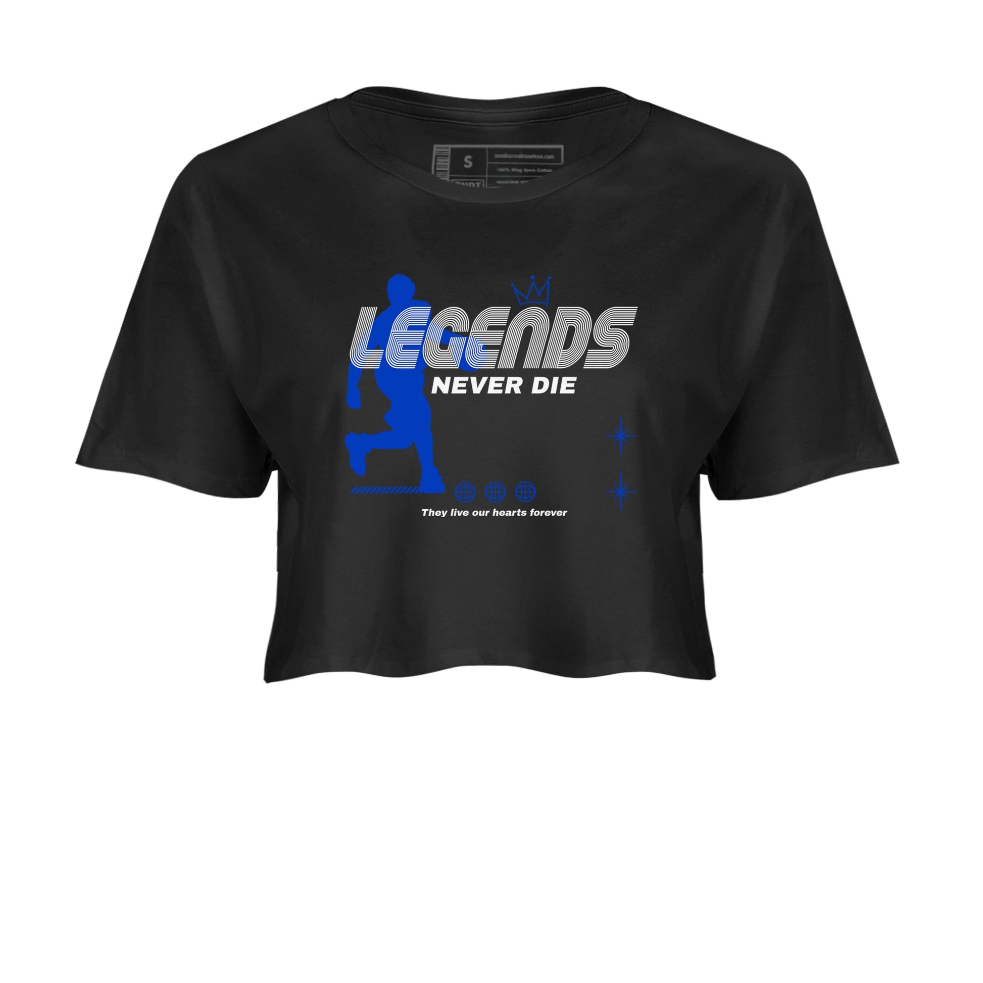 12s Blueberry shirts to match jordans Legends Never Die best t shirts to wear with jordans AJ12 White & Game Royal match shoes to clothes SNRT Sneaker Tees unisex cotton Black 2 crop tee