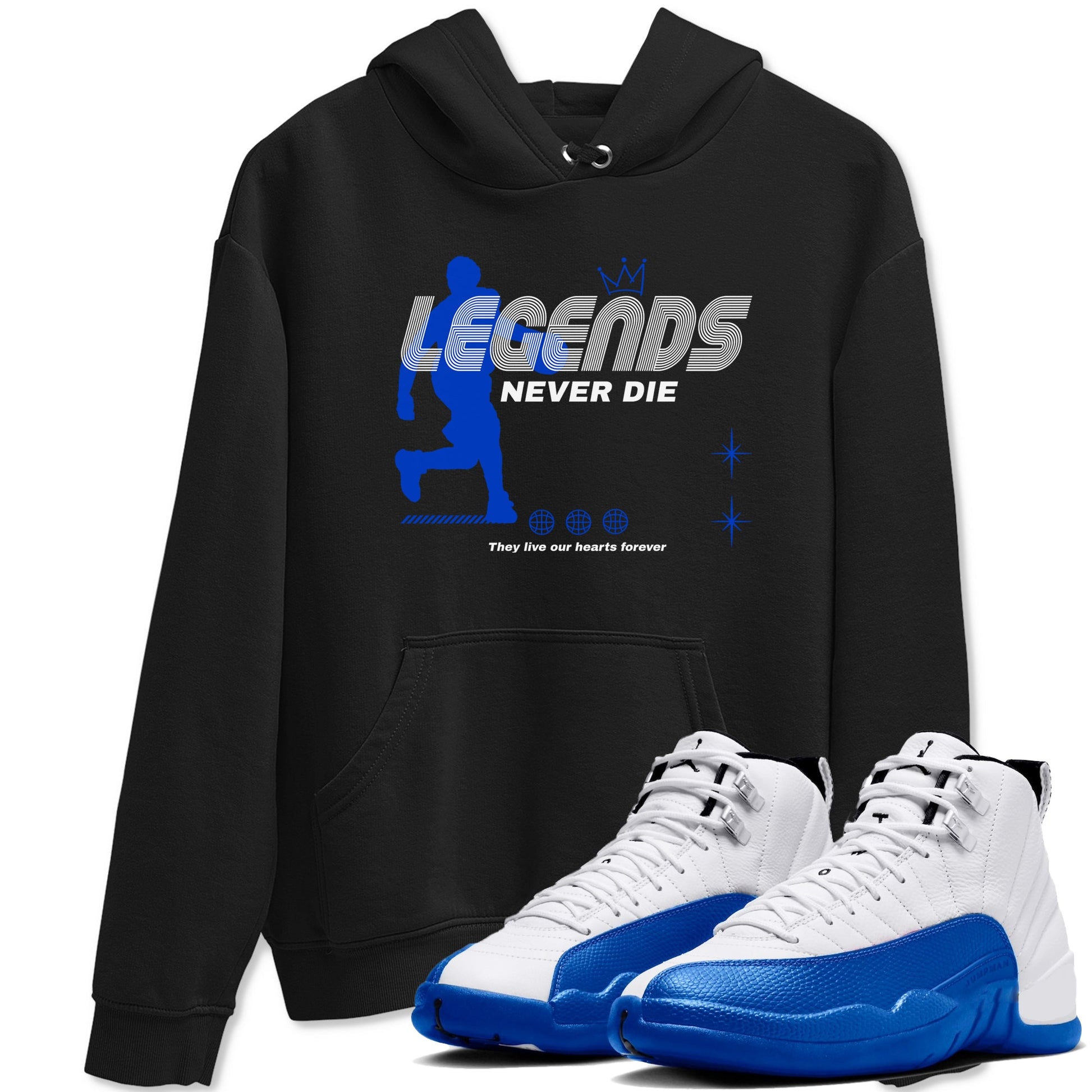 12s Blueberry shirts to match jordans Legends Never Die best t shirts to wear with jordans AJ12 White & Game Royal match shoes to clothes SNRT Sneaker Tees unisex cotton Black 1 shirts