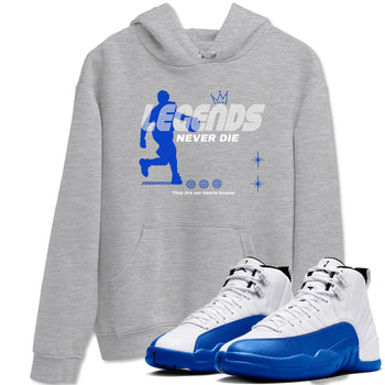 12s Blueberry shirts to match jordans Legends Never Die best t shirts to wear with jordans AJ12 White & Game Royal match shoes to clothes SNRT Sneaker Tees unisex cotton Heather Grey 1 shirts