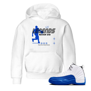 12s Blueberry shirts to match jordans Legends Never Die best t shirts to wear with jordans AJ12 White & Game Royal match shoes to clothes SNRT Sneaker Tees Youth Baby White 1 tee