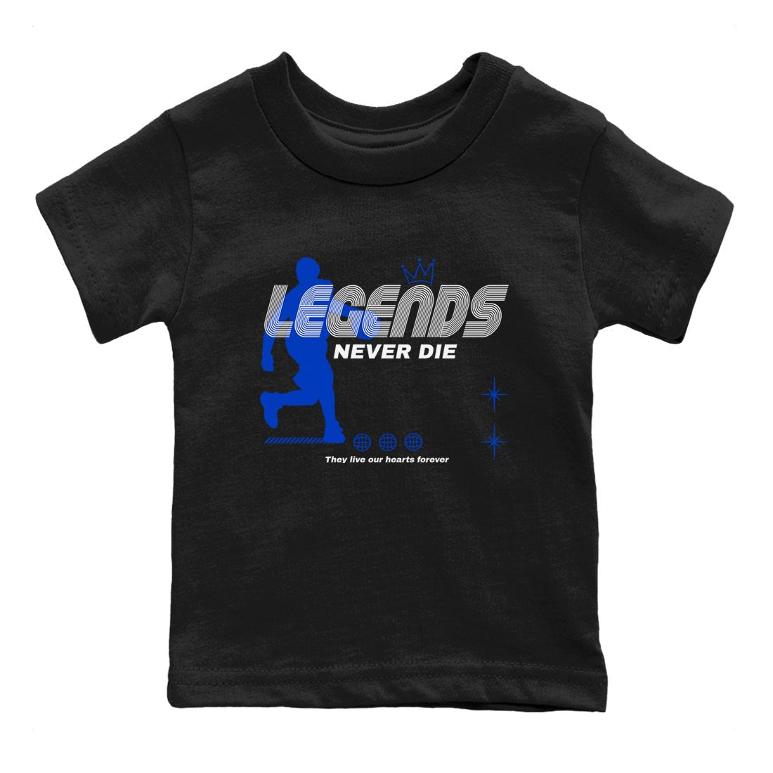 12s Blueberry shirts to match jordans Legends Never Die best t shirts to wear with jordans AJ12 White & Game Royal match shoes to clothes SNRT Sneaker Tees Youth Baby Black 2 tee