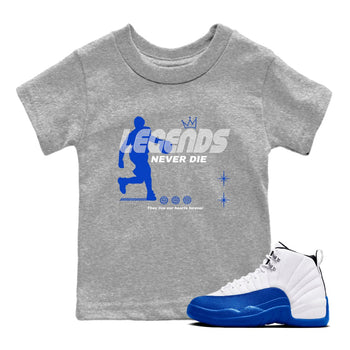 12s Blueberry shirts to match jordans Legends Never Die best t shirts to wear with jordans AJ12 White & Game Royal match shoes to clothes SNRT Sneaker Tees Youth Baby Heather Grey 1 tee