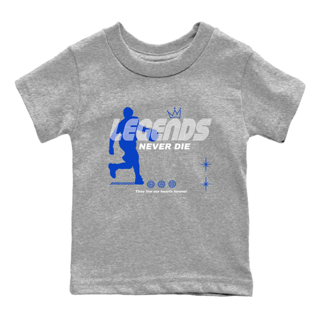12s Blueberry shirts to match jordans Legends Never Die best t shirts to wear with jordans AJ12 White & Game Royal match shoes to clothes SNRT Sneaker Tees Youth Baby Heather Grey 2 tee
