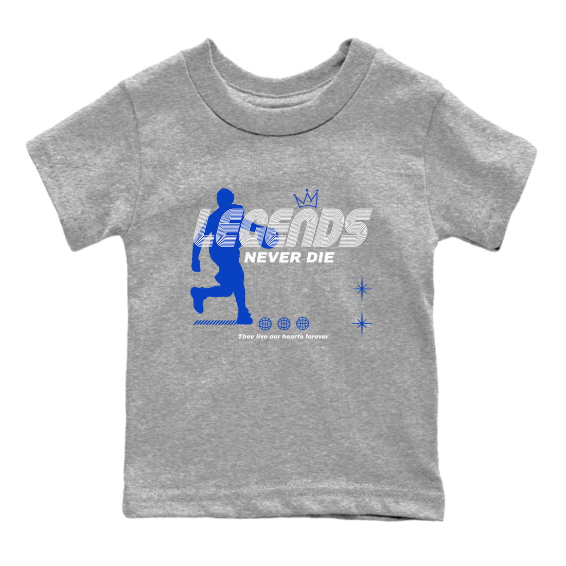 12s Blueberry shirts to match jordans Legends Never Die best t shirts to wear with jordans AJ12 White & Game Royal match shoes to clothes SNRT Sneaker Tees Youth Baby Heather Grey 2 tee