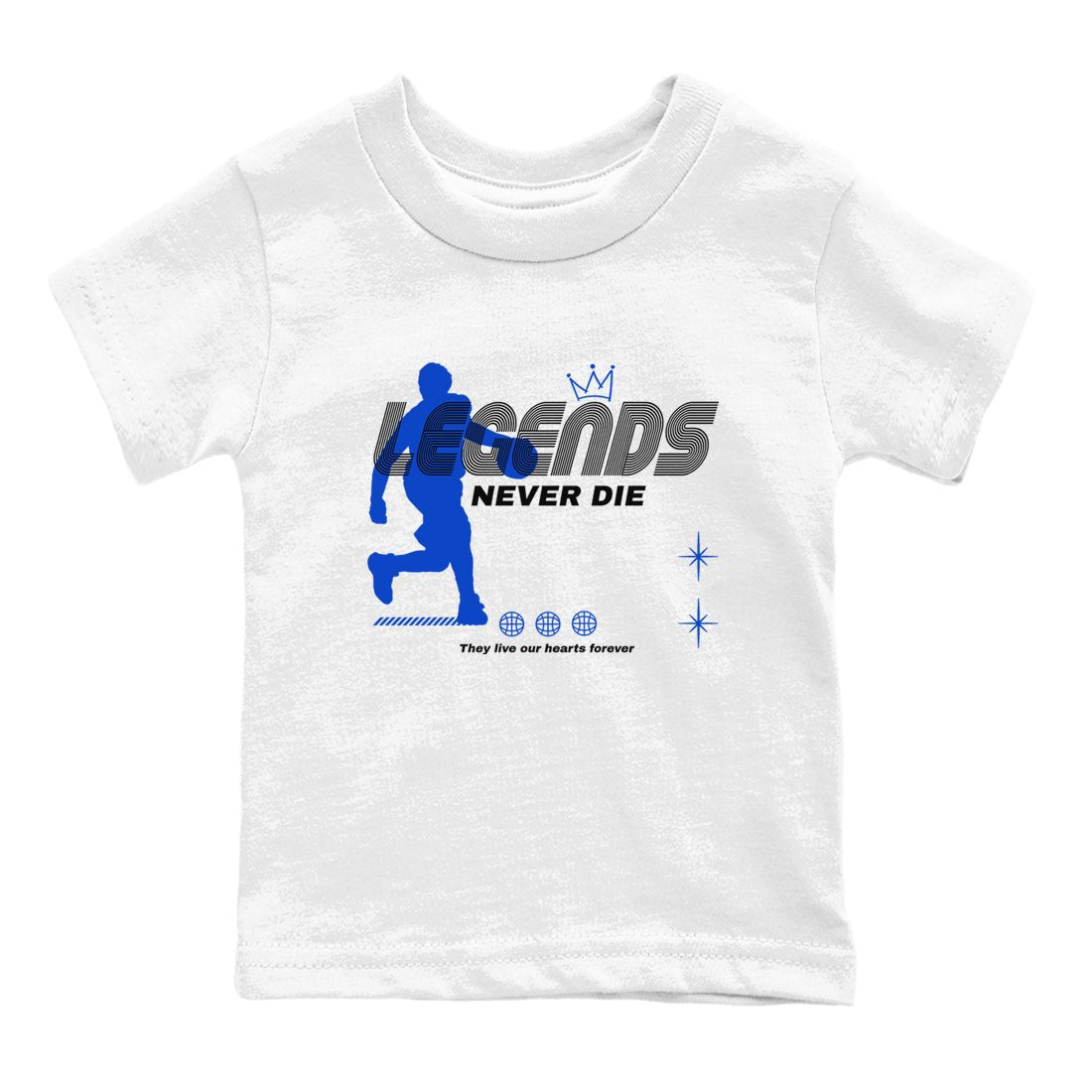12s Blueberry shirts to match jordans Legends Never Die best t shirts to wear with jordans AJ12 White & Game Royal match shoes to clothes SNRT Sneaker Tees Youth Baby White 2 tee