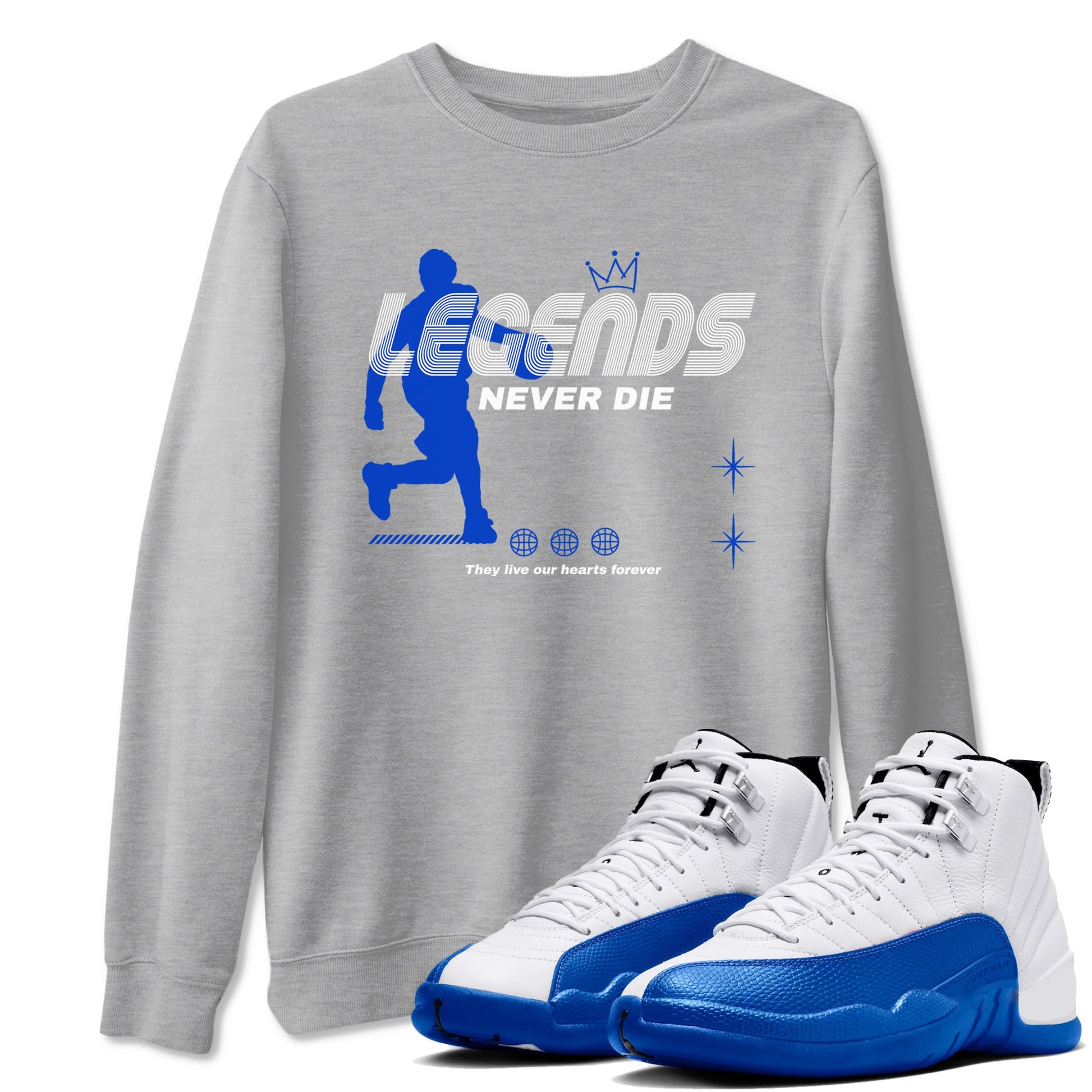 12s Blueberry shirts to match jordans Legends Never Die best t shirts to wear with jordans AJ12 White & Game Royal match shoes to clothes SNRT Sneaker Tees unisex cotton Heather Grey 1 shirts