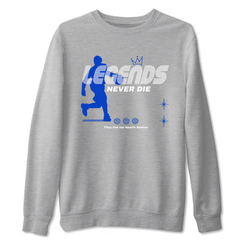 12s Blueberry shirts to match jordans Legends Never Die best t shirts to wear with jordans AJ12 White & Game Royal match shoes to clothes SNRT Sneaker Tees unisex cotton Heather Grey 2 shirts