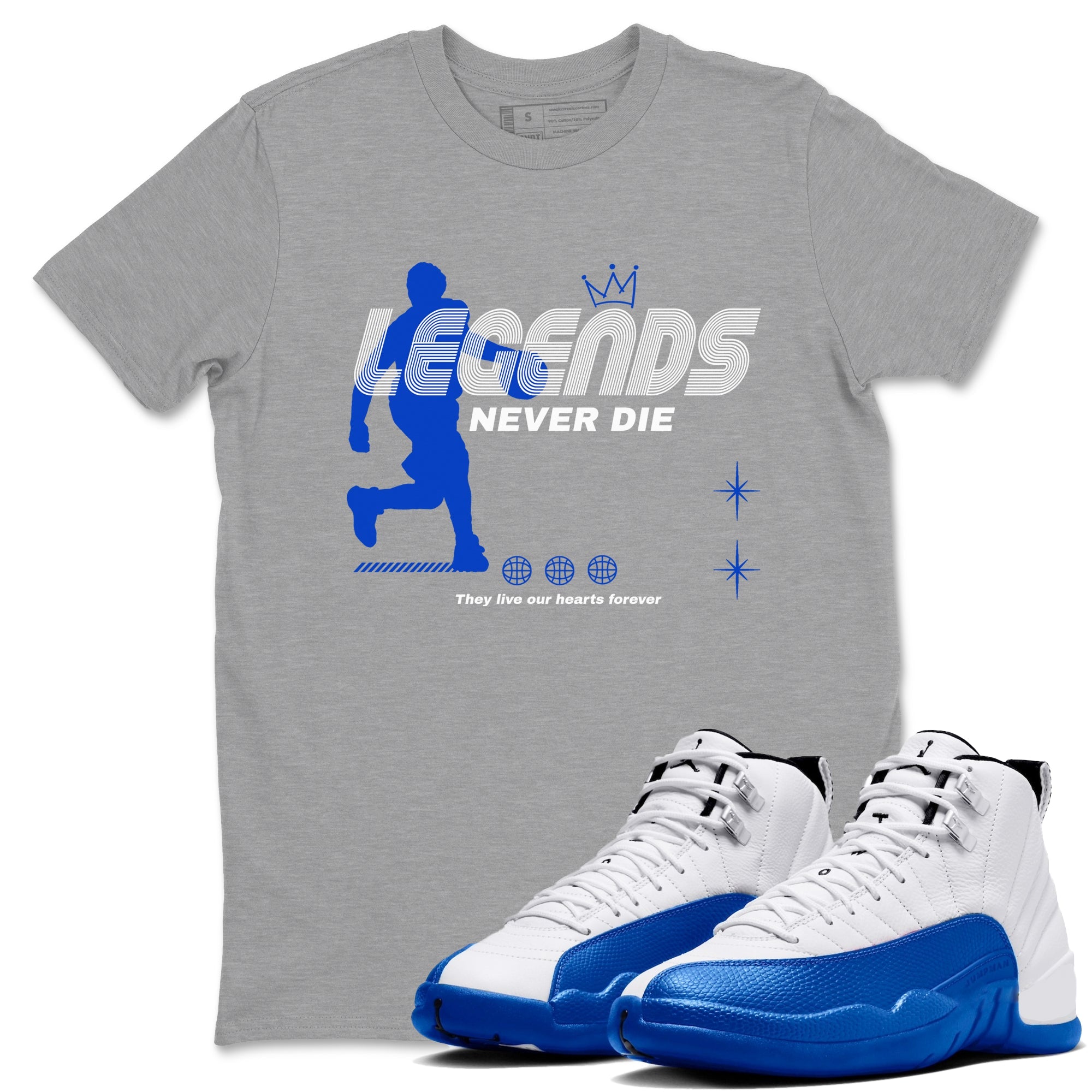 12s Blueberry shirts to match jordans Legends Never Die best t shirts to wear with jordans AJ12 White & Game Royal match shoes to clothes SNRT Sneaker Tees unisex cotton Heather Grey 1 shirts