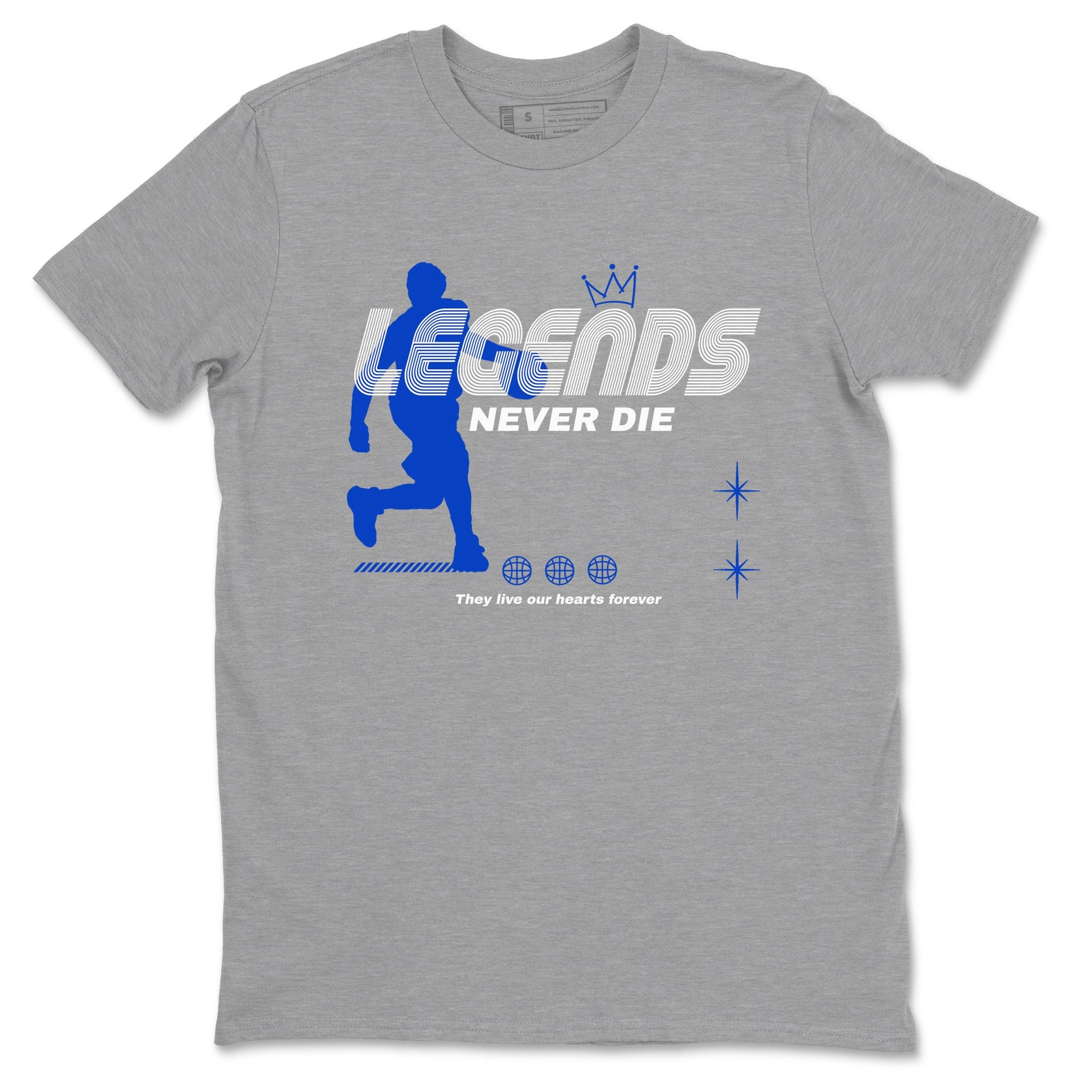 12s Blueberry shirts to match jordans Legends Never Die best t shirts to wear with jordans AJ12 White & Game Royal match shoes to clothes SNRT Sneaker Tees unisex cotton Heather Grey 2 shirts