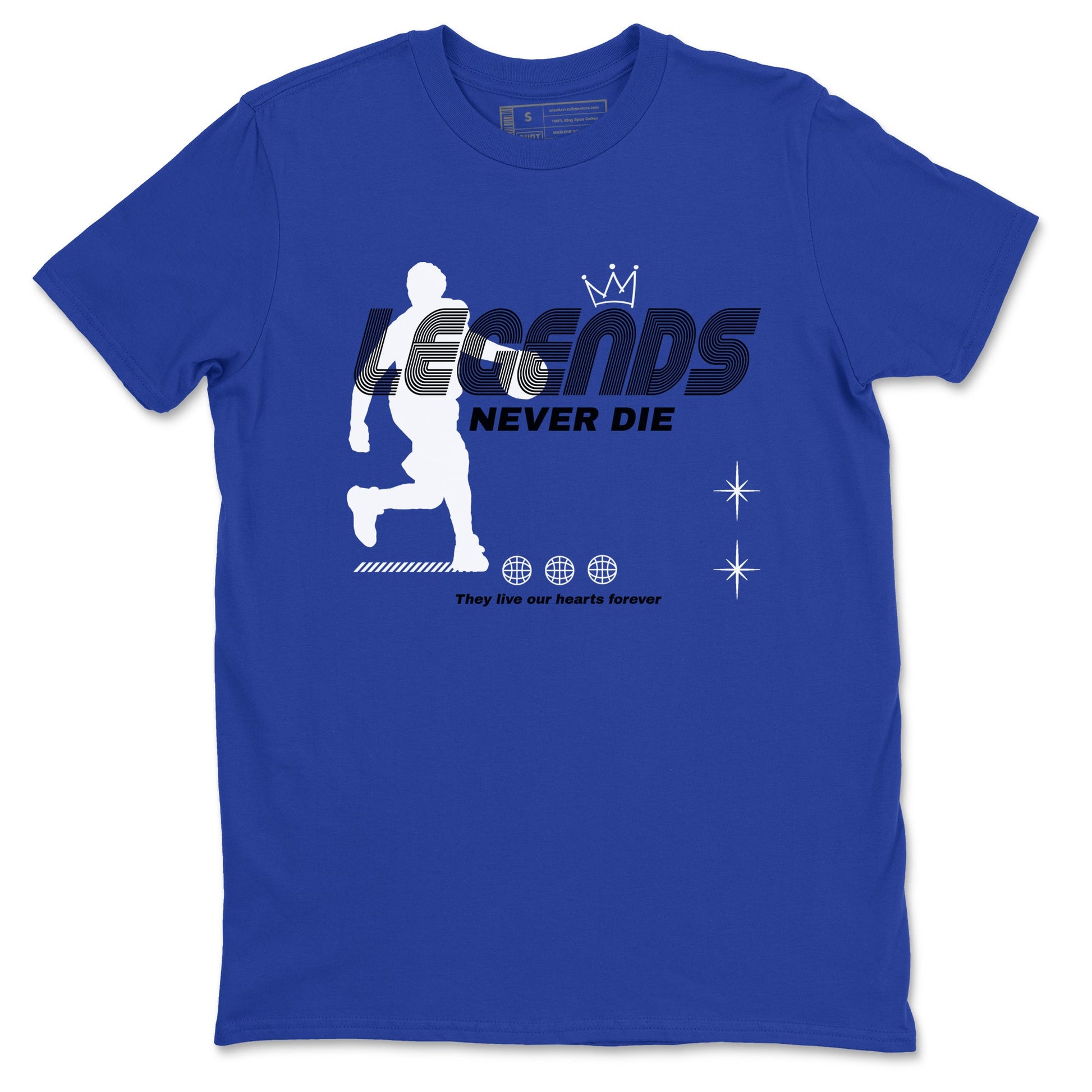 12s Blueberry shirts to match jordans Legends Never Die best t shirts to wear with jordans AJ12 White & Game Royal match shoes to clothes SNRT Sneaker Tees unisex cotton Royal Blue 2 shirts
