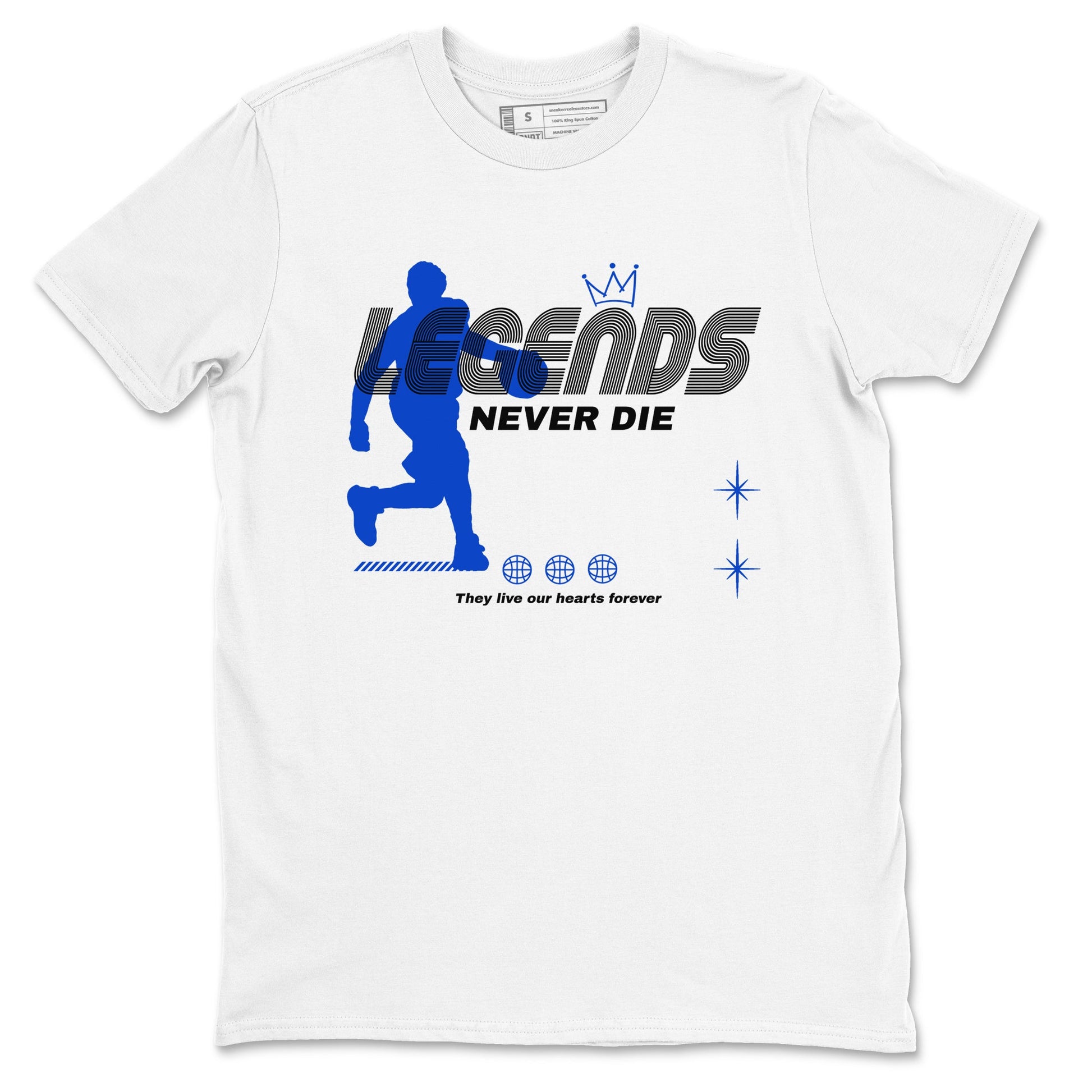 12s Blueberry shirts to match jordans Legends Never Die best t shirts to wear with jordans AJ12 White & Game Royal match shoes to clothes SNRT Sneaker Tees unisex cotton White 2 shirts