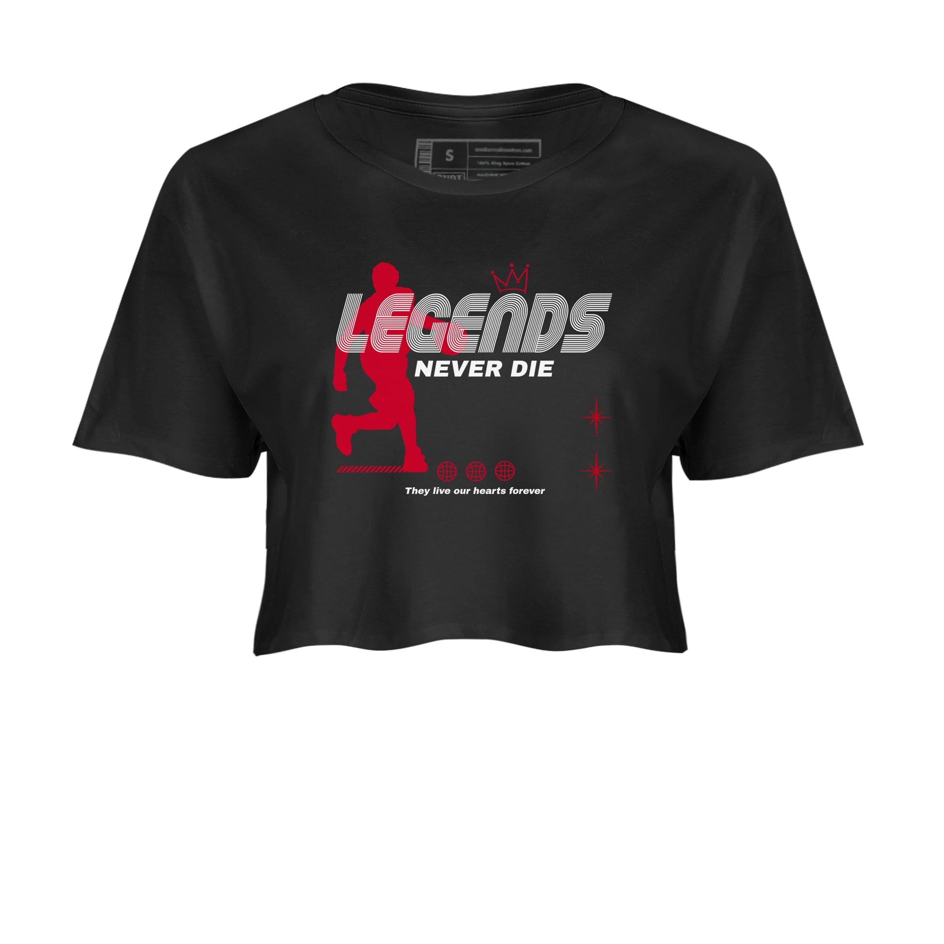 12s Flu Game shirts to match jordans Legends Never Die best t shirts to wear with jordans Air Jordan 12 Retro Flu Black and Varsity Red match shoes to clothes SNRT Sneaker Tees unisex cotton Black 2 crop tee