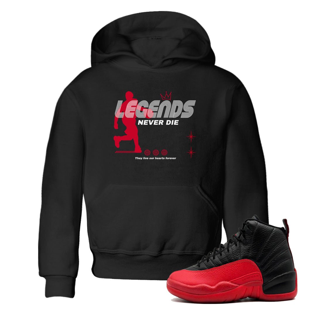 12s Flu Game shirts to match jordans Legends Never Die best t shirts to wear with jordans Air Jordan 12 Retro Flu Black and Varsity Red match shoes to clothes SNRT Sneaker Tees Youth Baby Black 1 tee