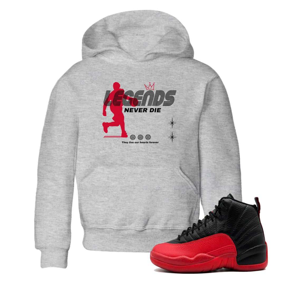 12s Flu Game shirts to match jordans Legends Never Die best t shirts to wear with jordans Air Jordan 12 Retro Flu Black and Varsity Red match shoes to clothes SNRT Sneaker Tees Youth Baby Heather Grey 1 tee