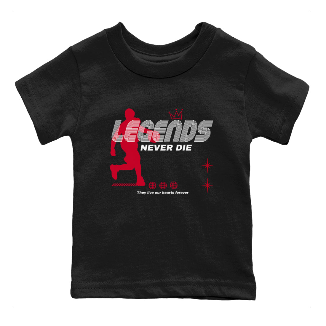 12s Flu Game shirts to match jordans Legends Never Die best t shirts to wear with jordans Air Jordan 12 Retro Flu Black and Varsity Red match shoes to clothes SNRT Sneaker Tees Youth Baby Black 2 tee