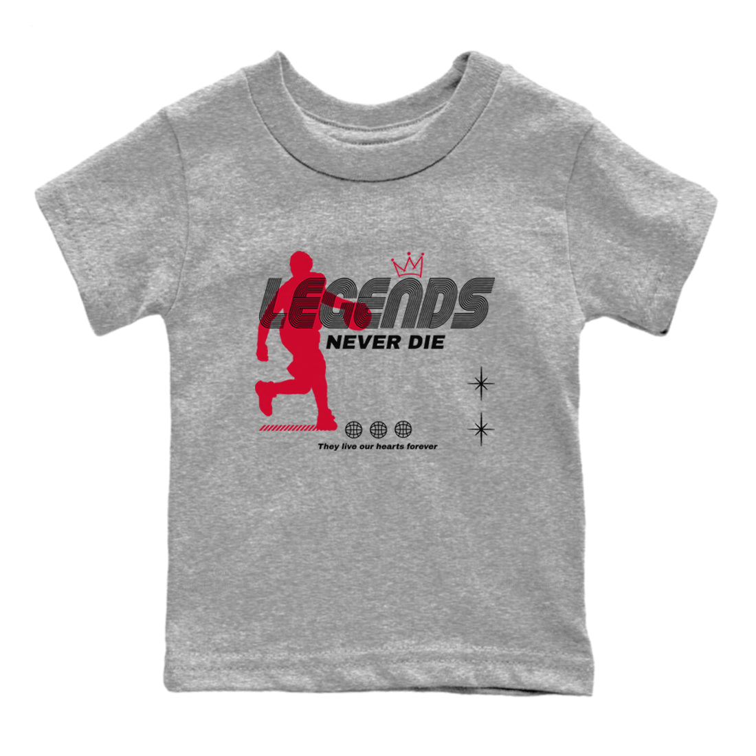 12s Flu Game shirts to match jordans Legends Never Die best t shirts to wear with jordans Air Jordan 12 Retro Flu Black and Varsity Red match shoes to clothes SNRT Sneaker Tees Youth Baby Heather Grey 2 tee
