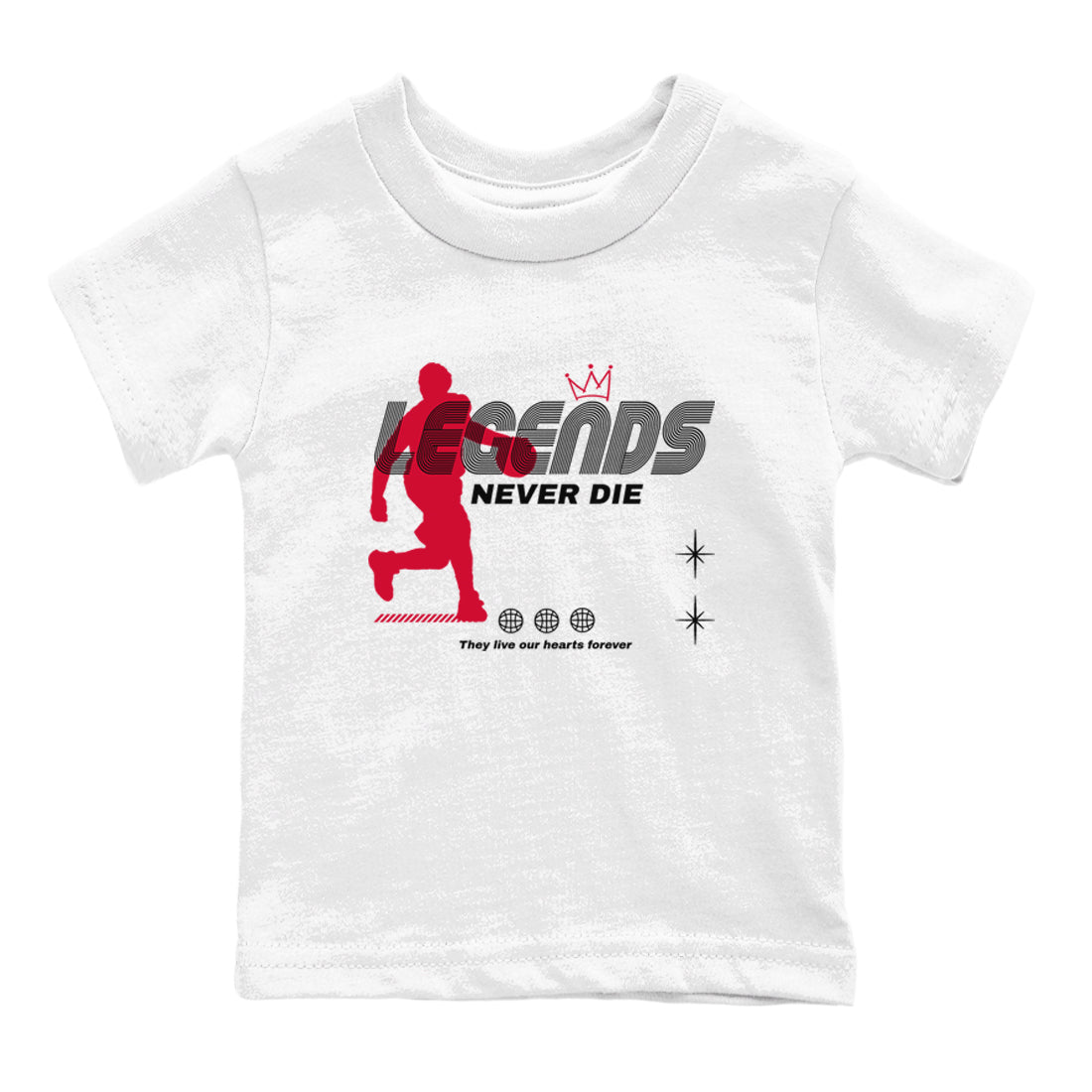 12s Flu Game shirts to match jordans Legends Never Die best t shirts to wear with jordans Air Jordan 12 Retro Flu Black and Varsity Red match shoes to clothes SNRT Sneaker Tees Youth Baby White 2 tee