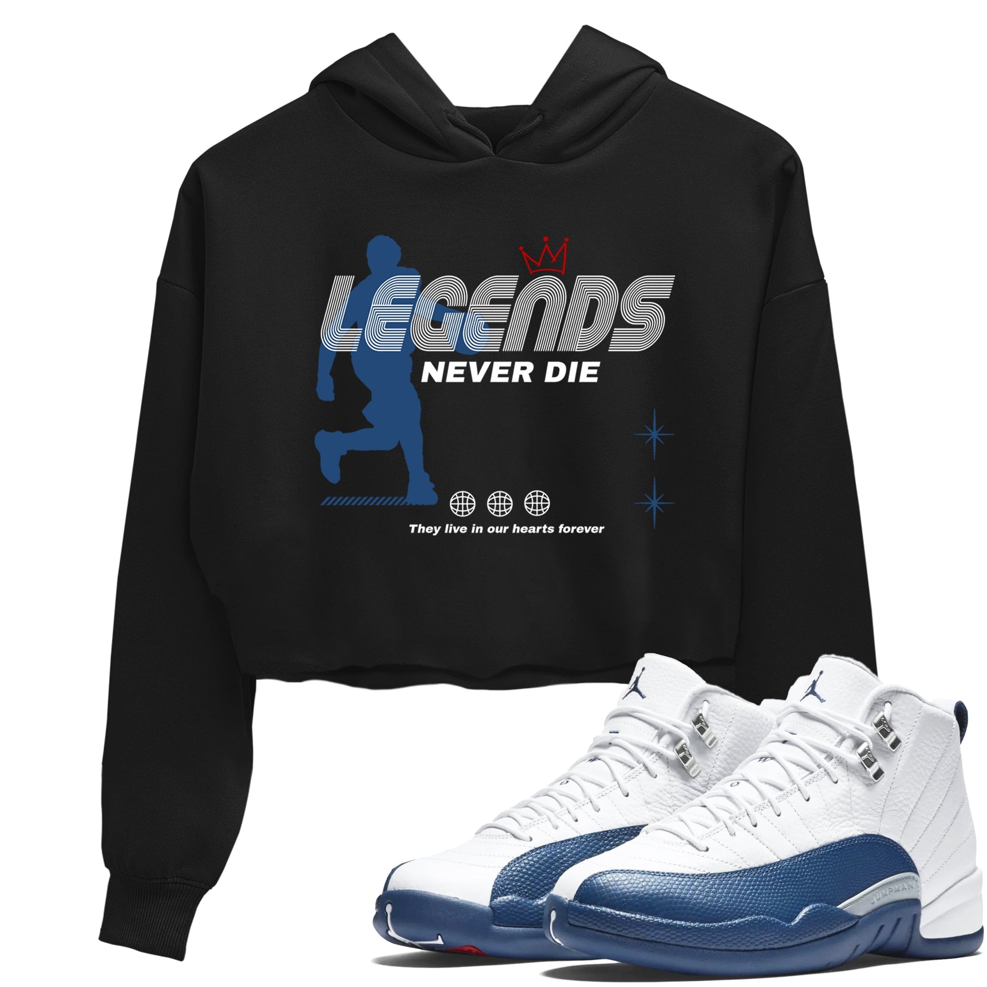 Legends Never Die womens crop tee made to vibe with the Air Jordan 12 French Blue sneakers — the perfect match in Black 1.