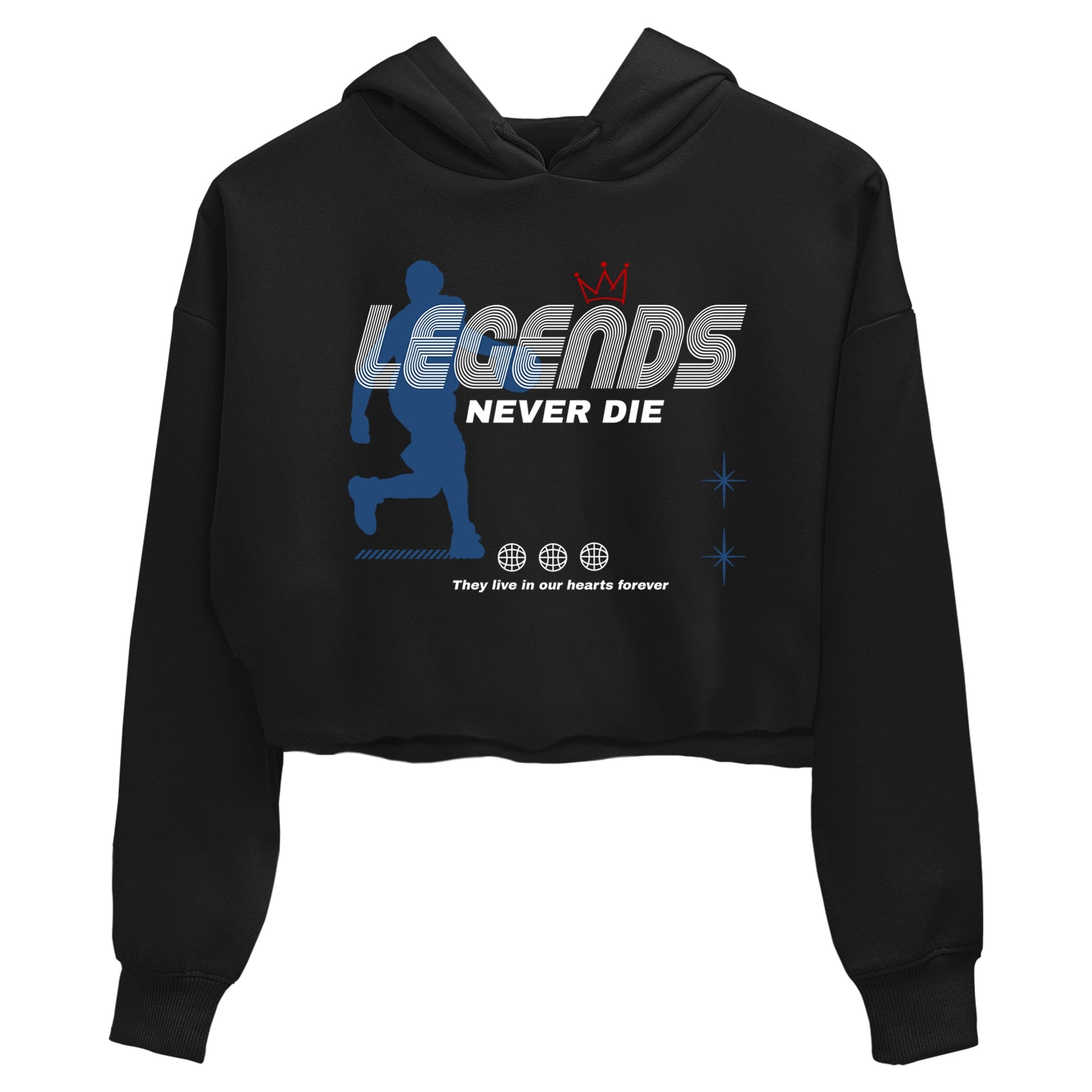 Legends Never Die womens crop tee made to vibe with the Air Jordan 12 French Blue sneakers — the perfect match in Black 2.