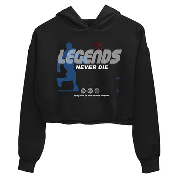 Legends Never Die womens crop tee made to vibe with the Air Jordan 12 French Blue sneakers — the perfect match in Black 2.