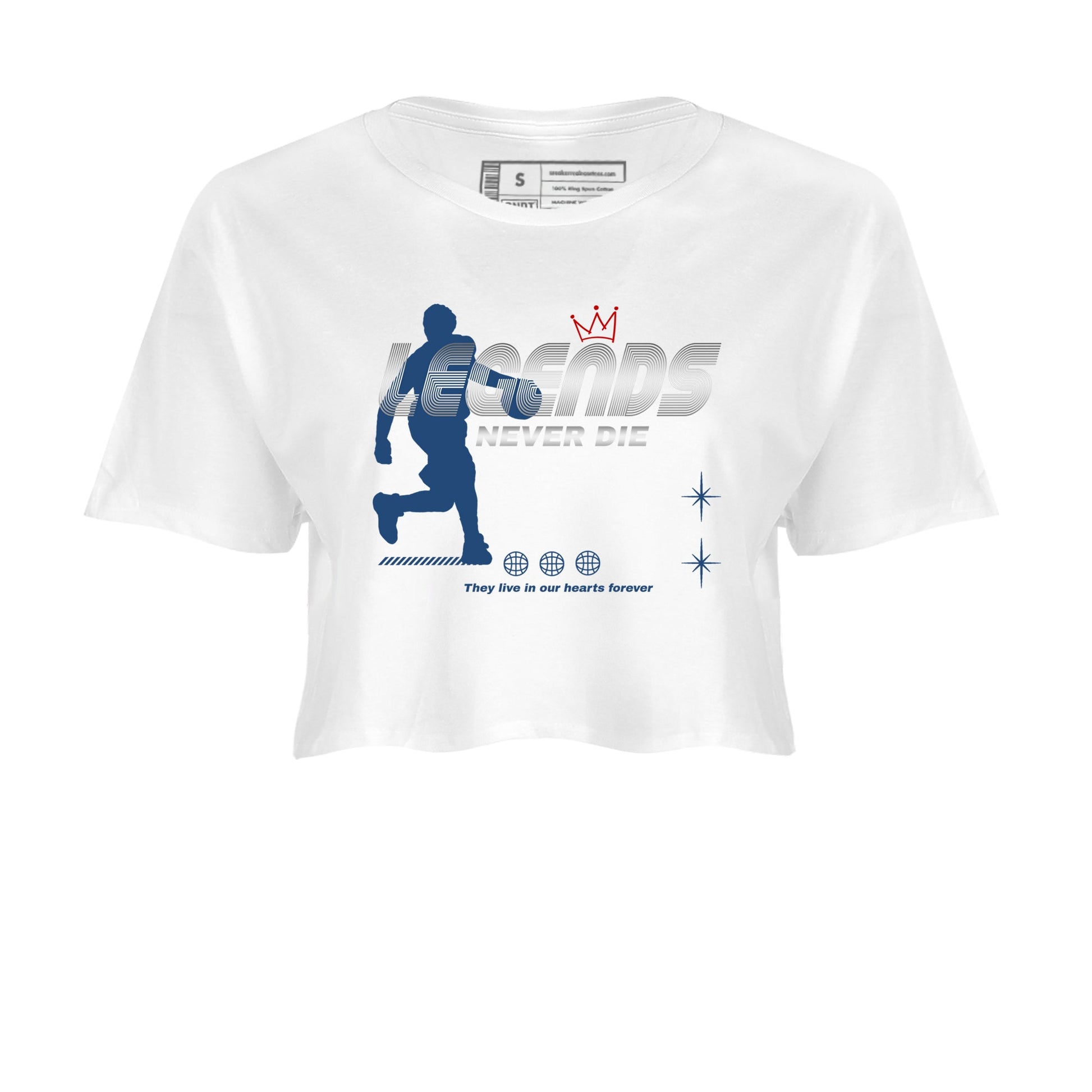 Legends Never Die womens crop tee made to vibe with the Air Jordan 12 French Blue sneakers — the perfect match in White 2.