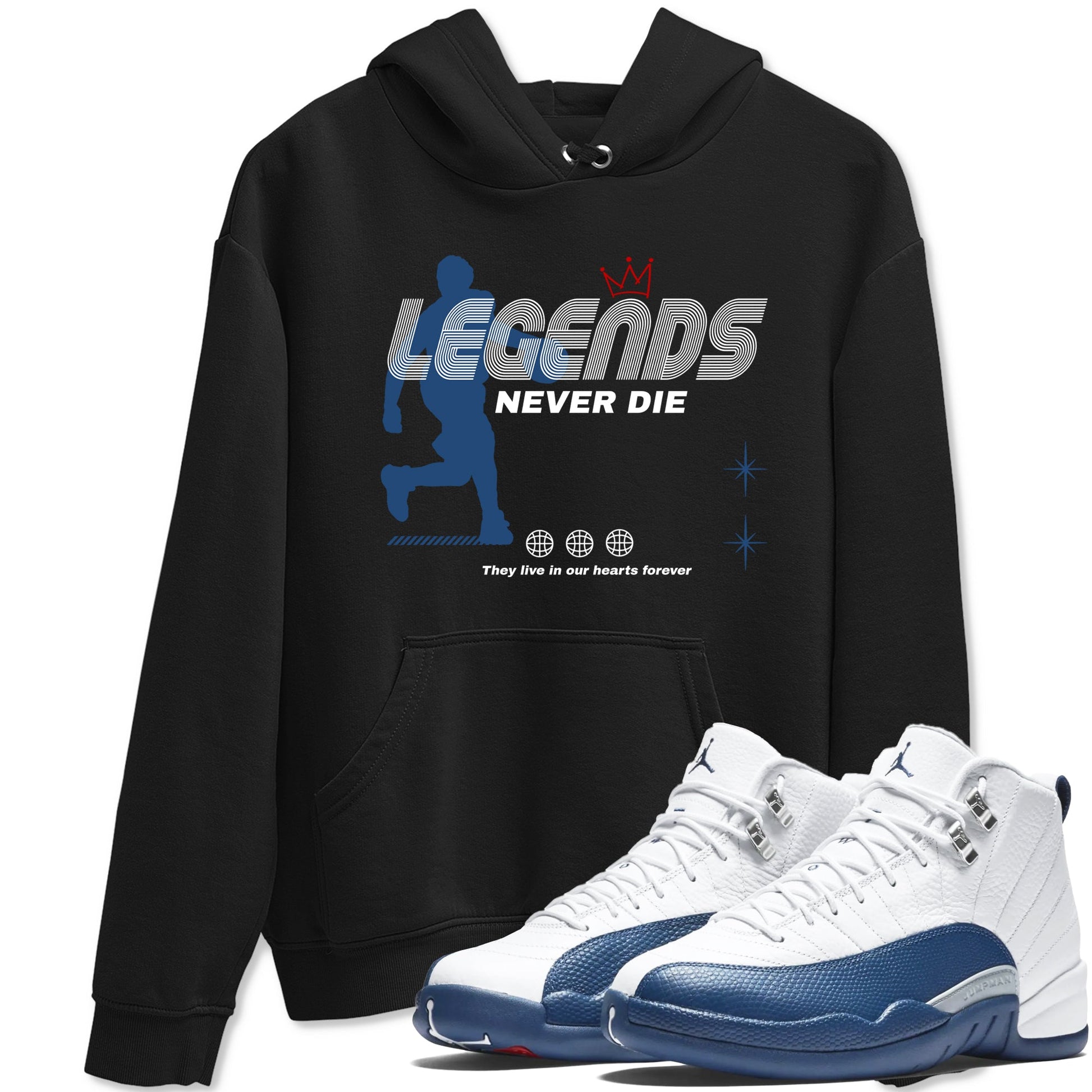 Legends Never Die sneaker match t-shirt styled to complete your fit with the Air Jordan 12 French Blue sneakers, shown in Black 1.