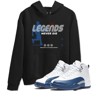 Legends Never Die sneaker match t-shirt styled to complete your fit with the Air Jordan 12 French Blue sneakers, shown in Black 1.