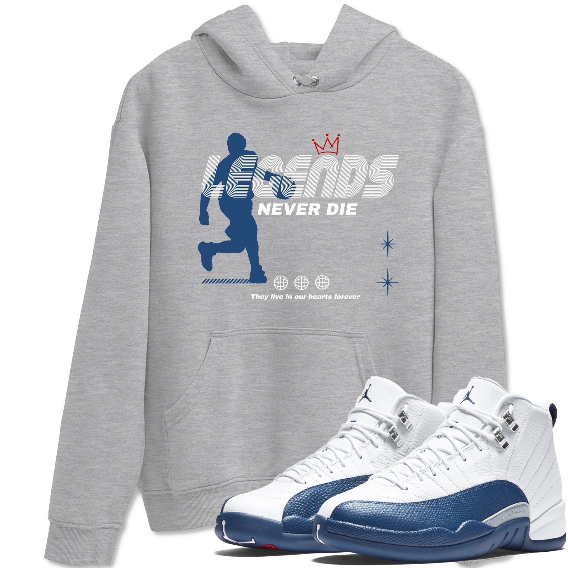 Legends Never Die sneaker match t-shirt styled to complete your fit with the Air Jordan 12 French Blue sneakers, shown in Heather Grey 1.