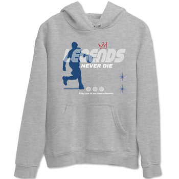 Legends Never Die sneaker match t-shirt styled to complete your fit with the Air Jordan 12 French Blue sneakers, shown in Heather Grey 2.