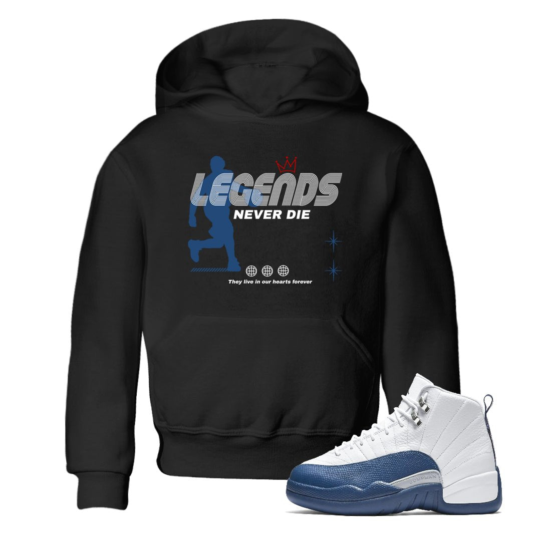 Legends Never Die baby and kids t-shirt crafted for little sneakerheads to shine with the Air Jordan 12 French Blue sneakers, displayed in Black 1.