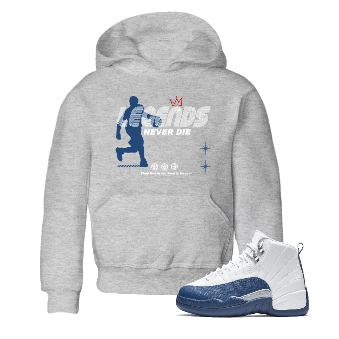 Legends Never Die baby and kids t-shirt crafted for little sneakerheads to shine with the Air Jordan 12 French Blue sneakers, displayed in Heather Grey 1.