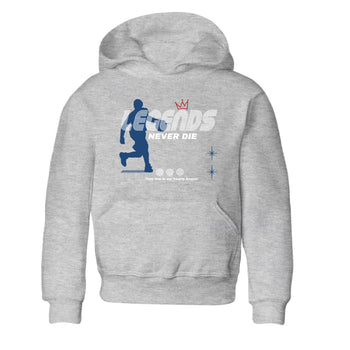 Legends Never Die baby and kids t-shirt crafted for little sneakerheads to shine with the Air Jordan 12 French Blue sneakers, displayed in Heather Grey 2.