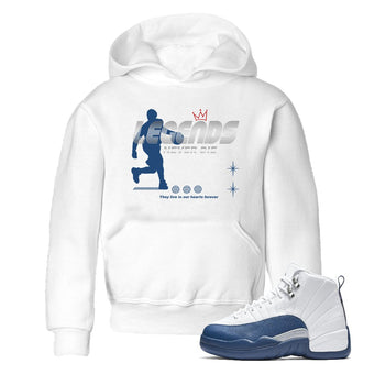 Legends Never Die baby and kids t-shirt crafted for little sneakerheads to shine with the Air Jordan 12 French Blue sneakers, displayed in White 1.
